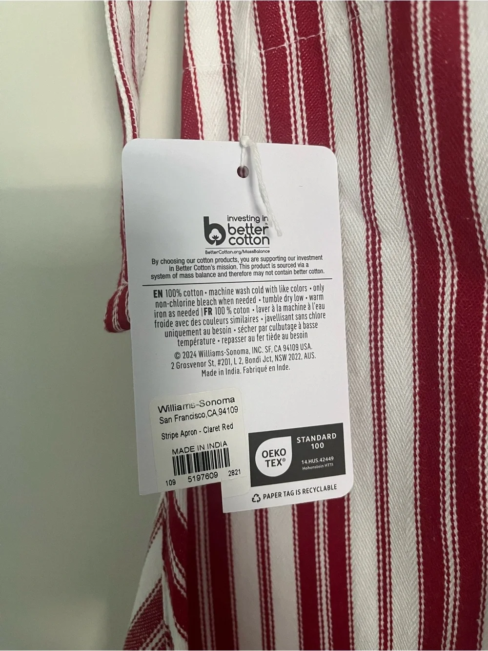 New Williams Sonoma Classic Stripe Apron Red
